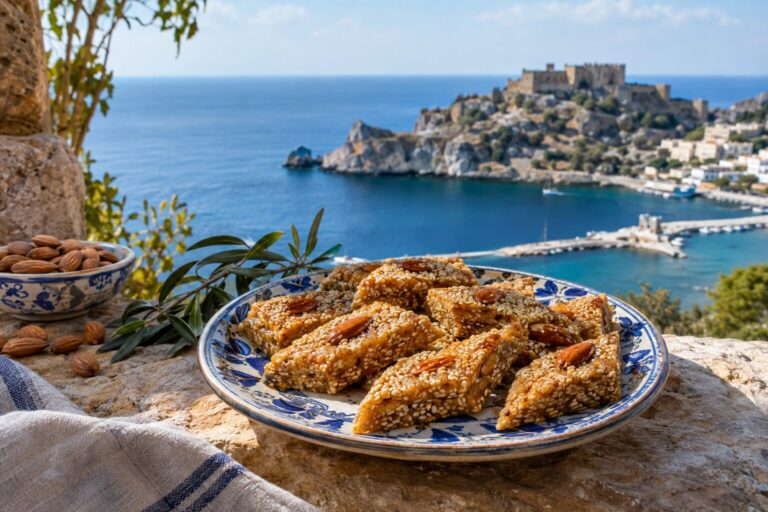 Ruitvormige melekouni van Rhodos met sesam, honing en amandelen op een keramisch bord
