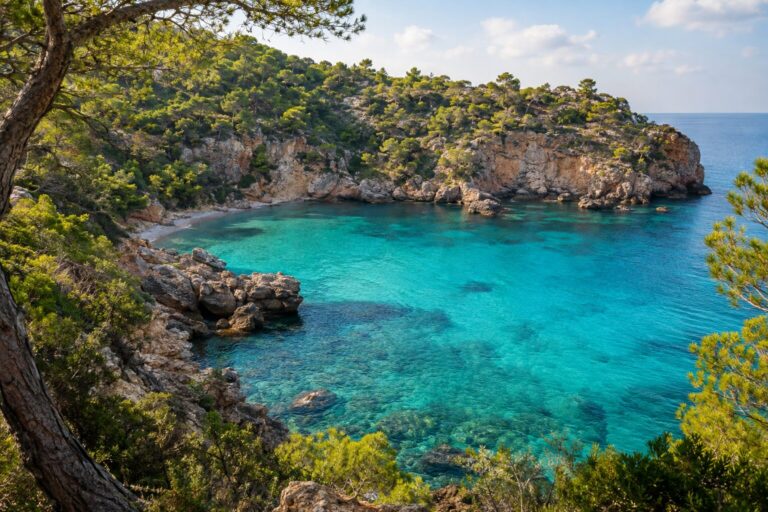 Turquoise water en goudkleurig zand bij Cala Saladeta, omringd door rotsen en pijnbomen.
