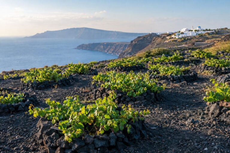 Mandvormig gesnoeide Assyrtiko-wijnstokken op zwarte vulkanische grond bij Pyrgos op Santorini