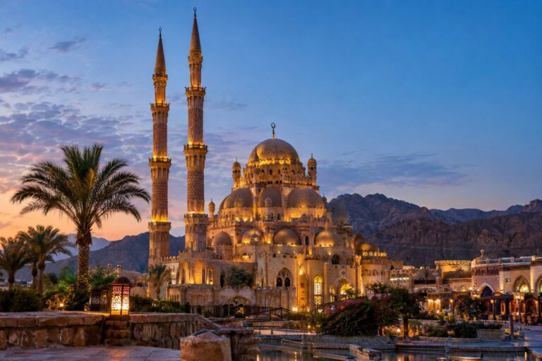 De Al Sahaba-moskee in Sharm El Sheikh met verlichte koepels en twee minaretten.