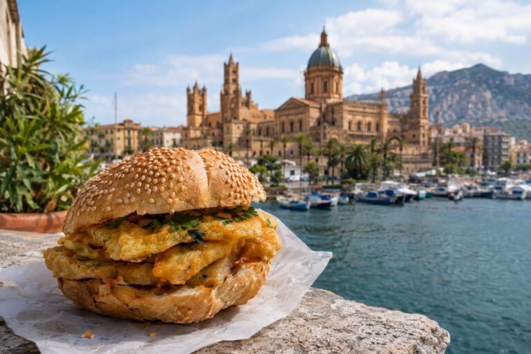 Palermitaans sesambroodje gevuld met goudgele panelle, gefrituurde koekjes van kikkererwtenmeel.