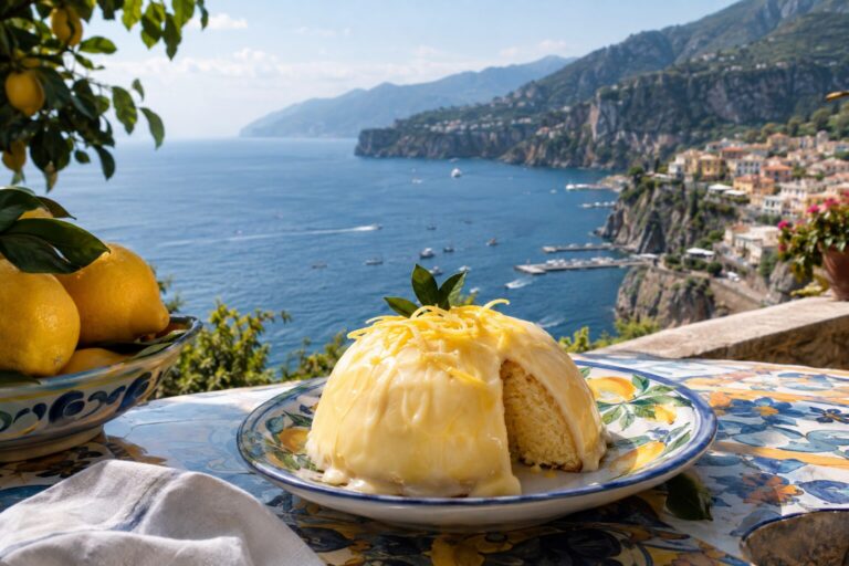 Sorrentijnse delizia al limone met citroencrème op een keramisch bord.