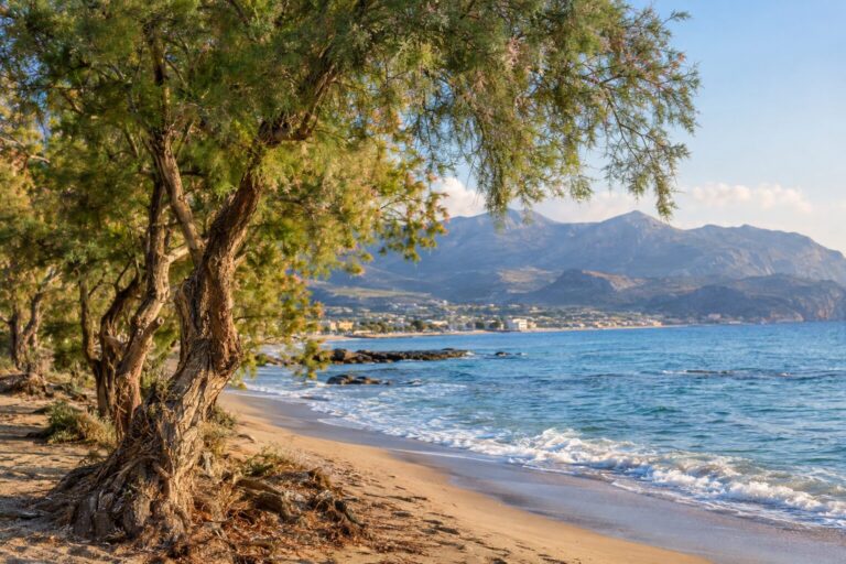 Tamariskbomen langs het zandstrand van Stalis aan de noordkust van Kreta
