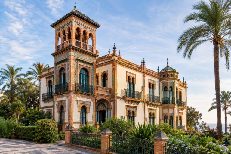 Sierlijke neomudéjar-gevel van Casa de los Navajas in Torremolinos, zonder mensen