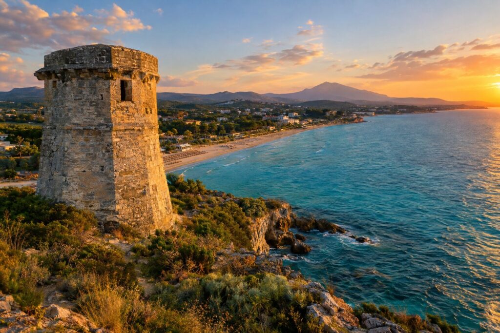 Venetiaanse stenen wachttoren bij het strand van Tsilivi op Zakynthos.