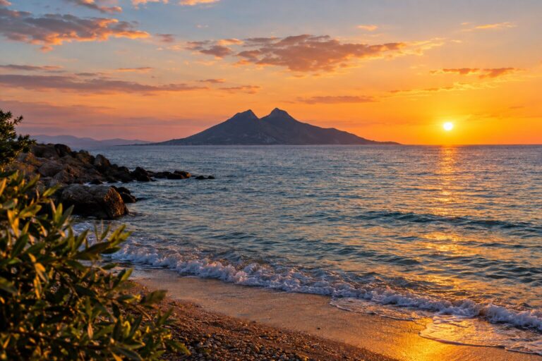 De twee toppen van het eiland Çatalada bij zonsondergang, gezien vanaf het strand van Turgutreis.
