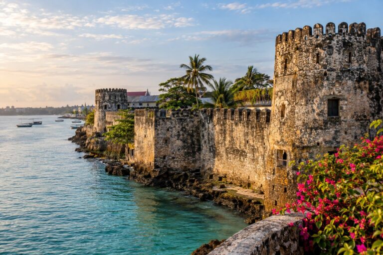 Koraalstenen muren en gekanteelde torens van het Oude Fort in Stone Town, Zanzibar.